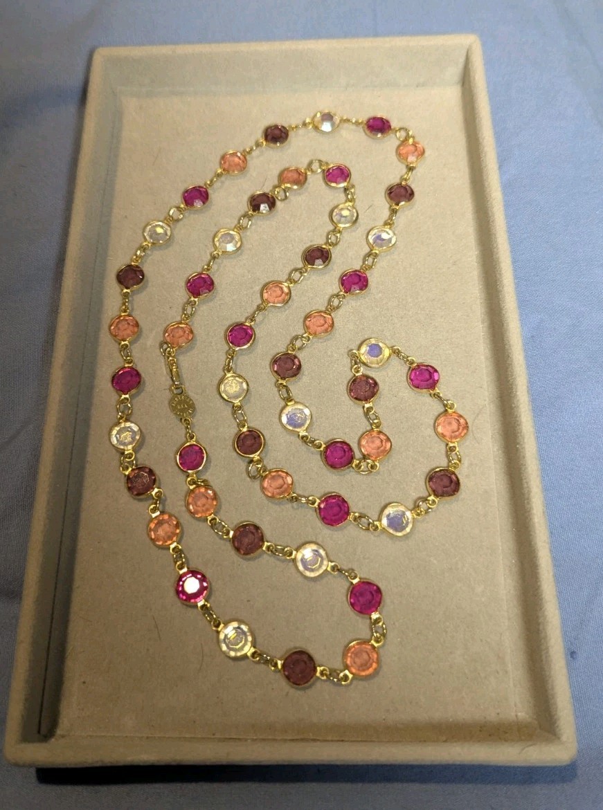 Vtg Swarovski Austrian Crystal USA Bezel Set Pink Fushia Amethyst 34″ Necklace