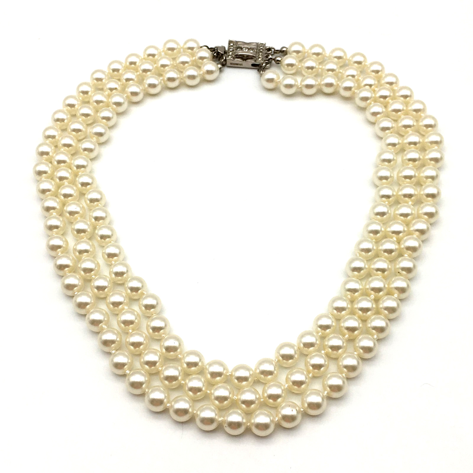 Vintage Cream Color Glass Pearls 3 Strand Hand Knot 15″ Necklace Pave Push Clasp