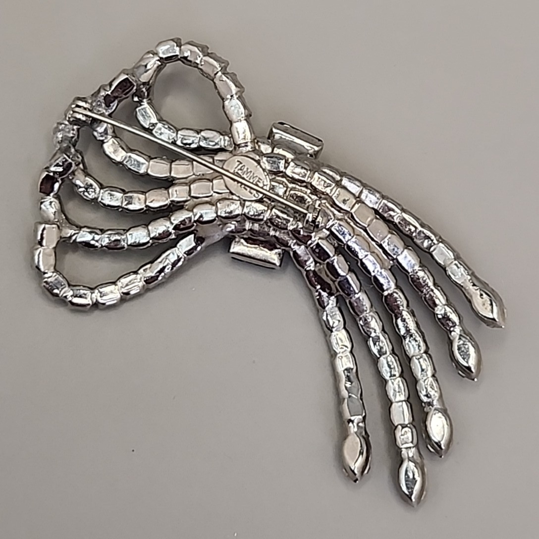Vintage Tammey Jewels Brooch Aurora Borealis Blue Ribbons 2.75″