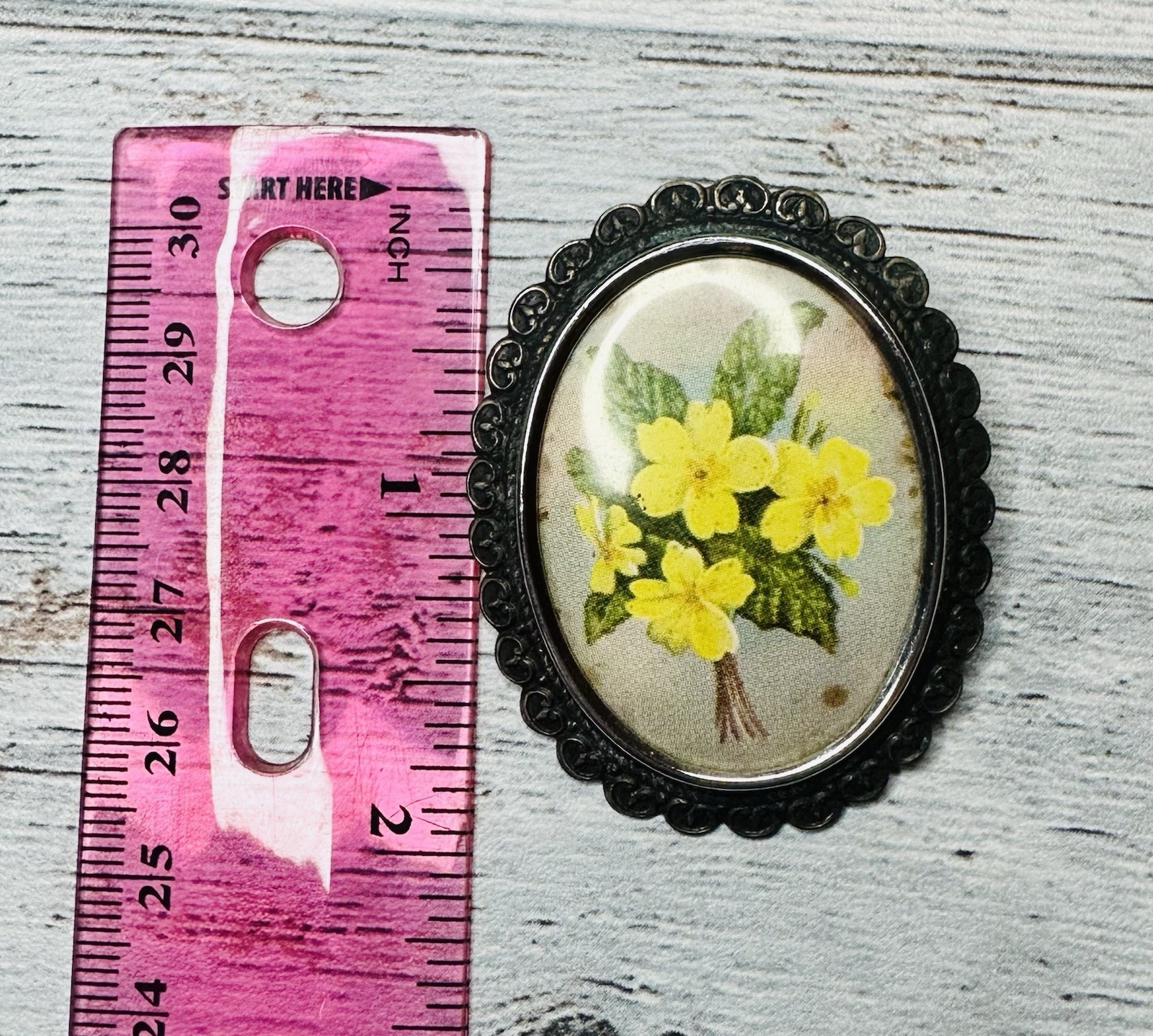 Vintage TLM Signed Yellow Floral Silver Toned Brooch