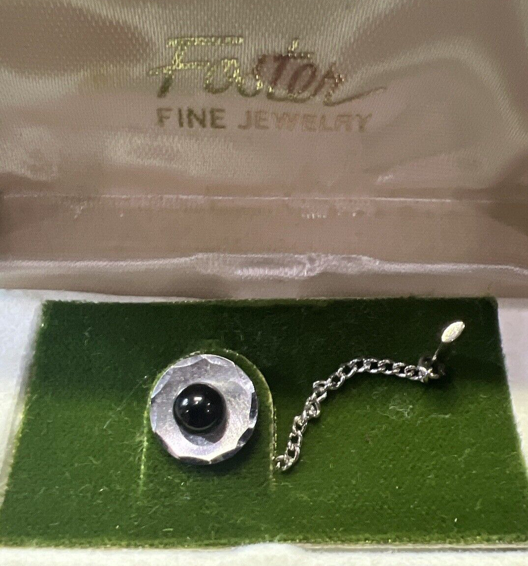 Vintage Foster Black Onyx Round 5mm Tie Tack Pin with Chain