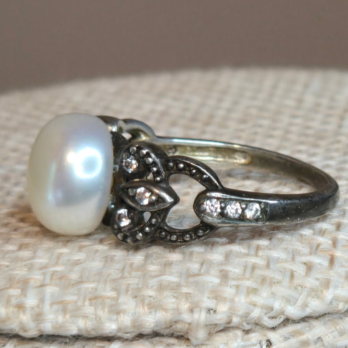 Vintage Sterling Silver Pearl Marcasite Ring Filigree Cocktail Statement size 6