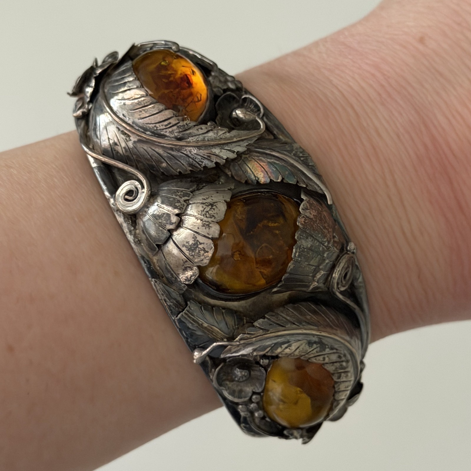 Vintage Sterling Silver Big Chunky Amber Leaf Southwest Cuff Bracelet Heavy