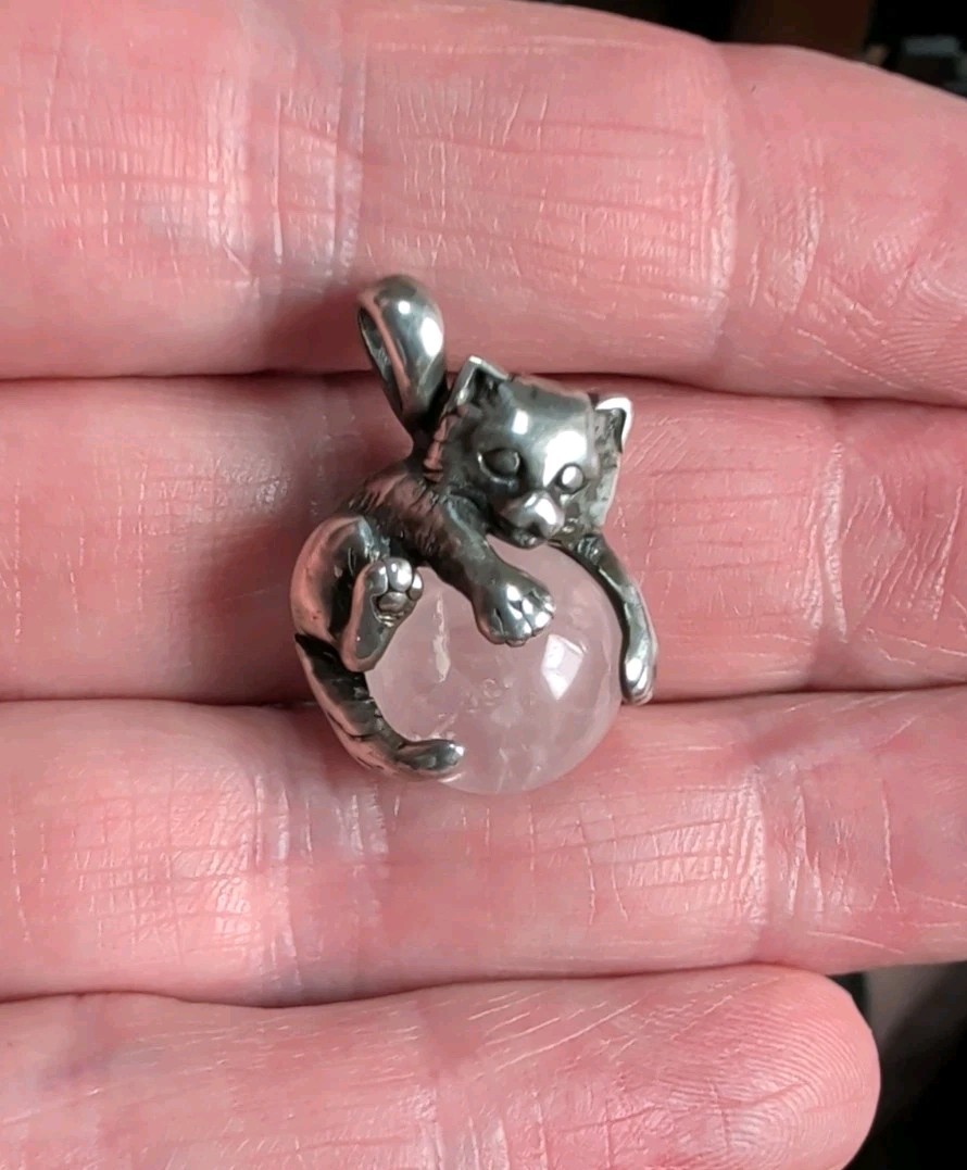 Vintage Sterling Silver Cat Rose Quartz Orb Ball Pendant 1″