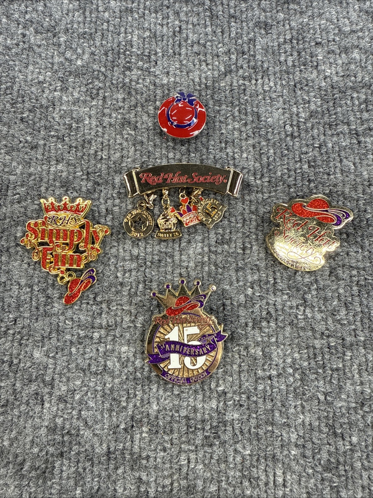 Lot of 5 Red Hat Society Enamel Pins – Anniversary, Simply Fun, Charms
