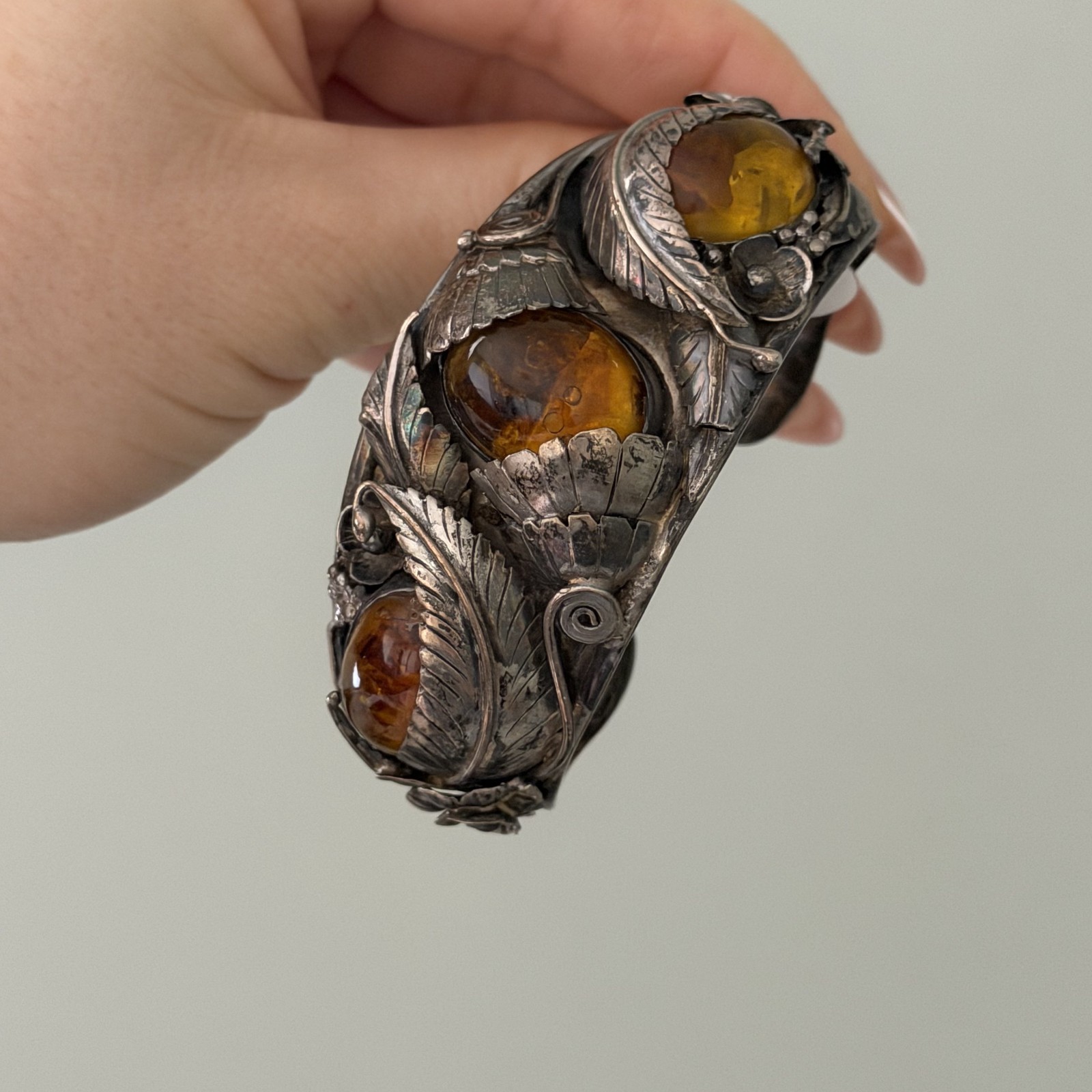Vintage Sterling Silver Big Chunky Amber Leaf Southwest Cuff Bracelet Heavy