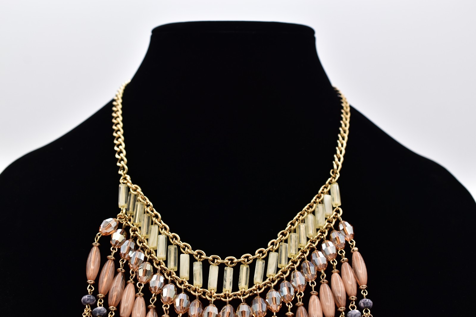 Vintage Fringe Statement Necklace Gold Peach Glass Beads Layered Boho Y2K BinBL
