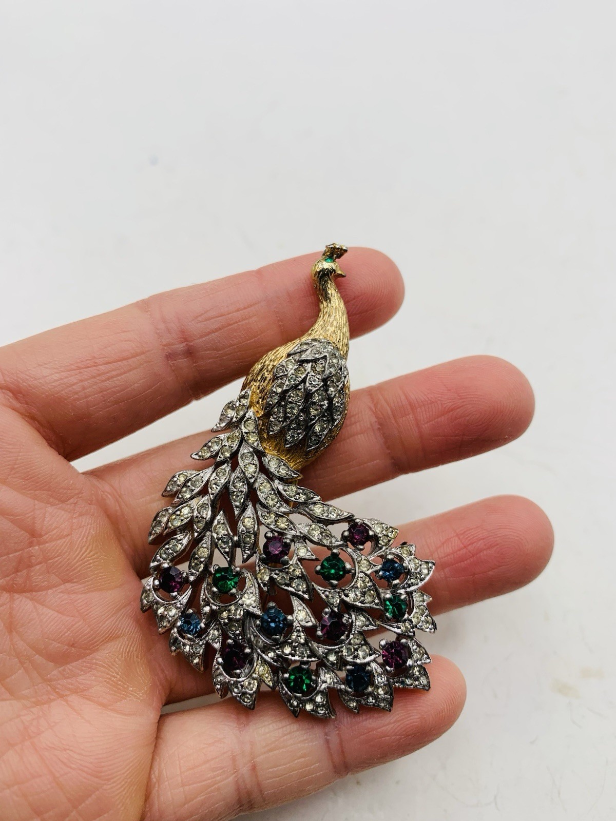 Vintage Signed Panetta Peacock Bird Crystal Gold Tone Blue Purple Green Brooch