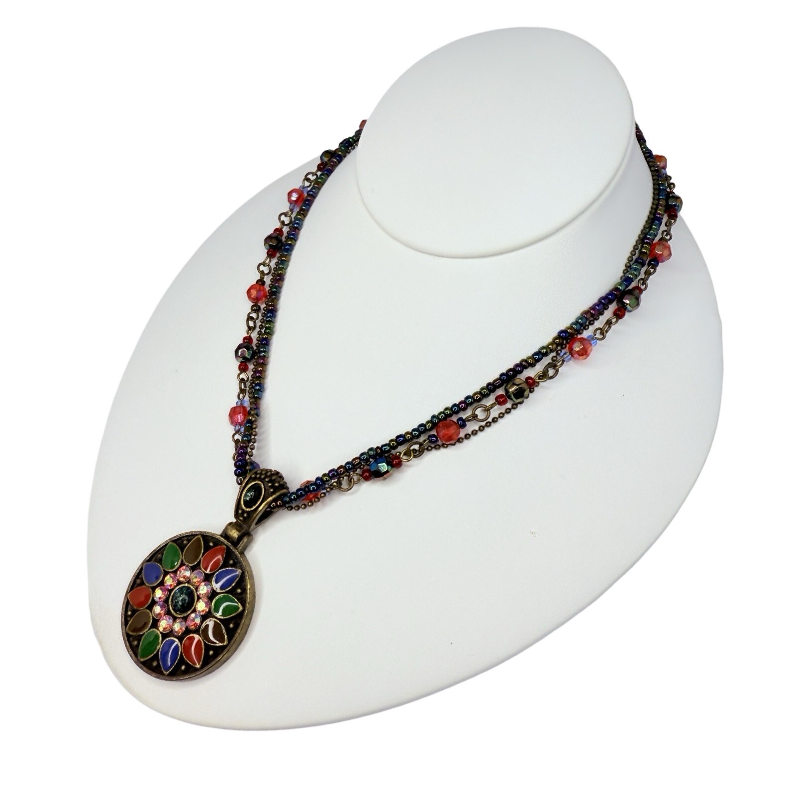 Multicolor Necklace Statement Pendant 19″ Beaded Layered Chain Bohemian