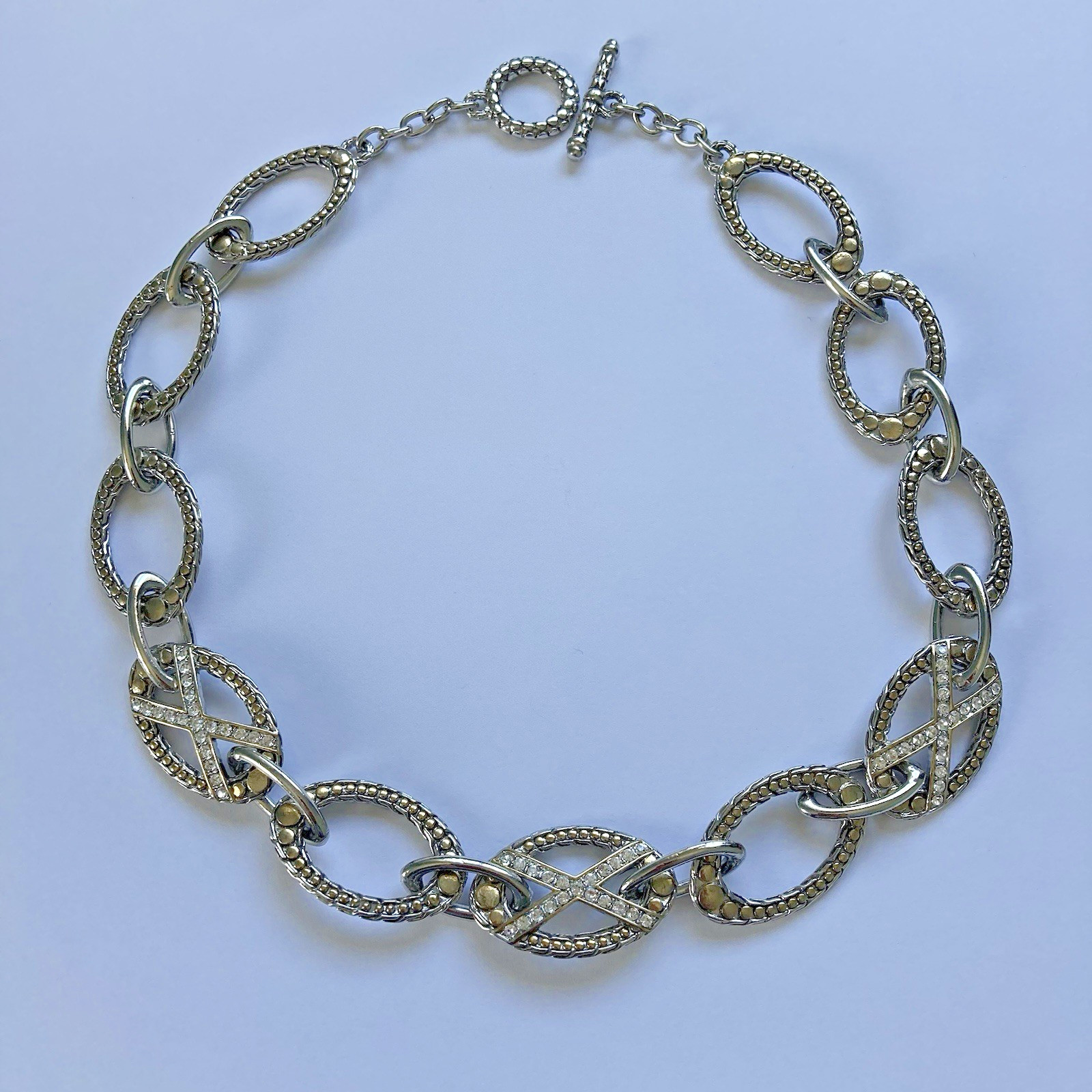 Vintage Silver Tone Oval Chain X Cross Rhinestone Necklace 17.5 in