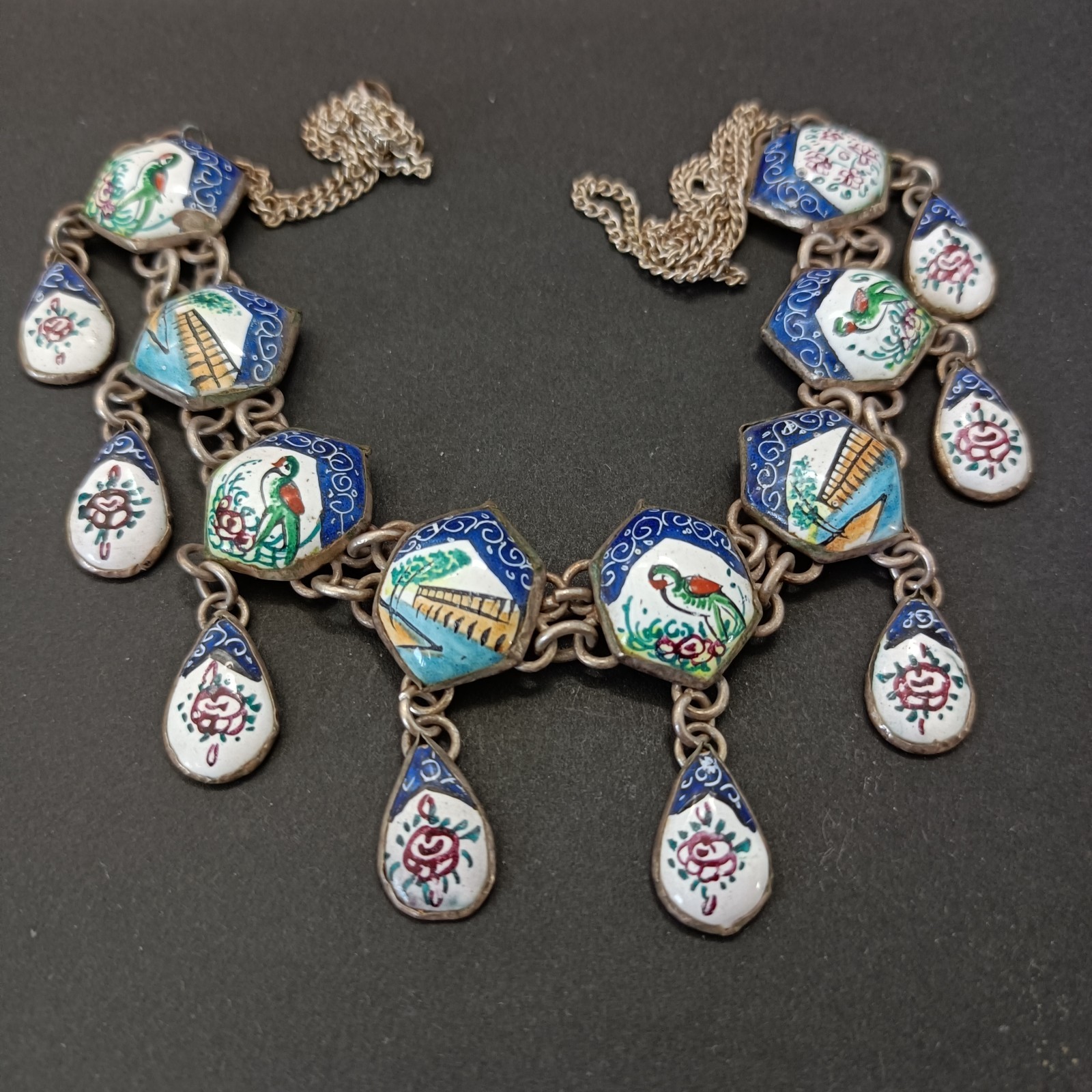 Boho Folk Art Middle Eastern Enamel Chandelier Necklace Blue Birds Landscape VTG