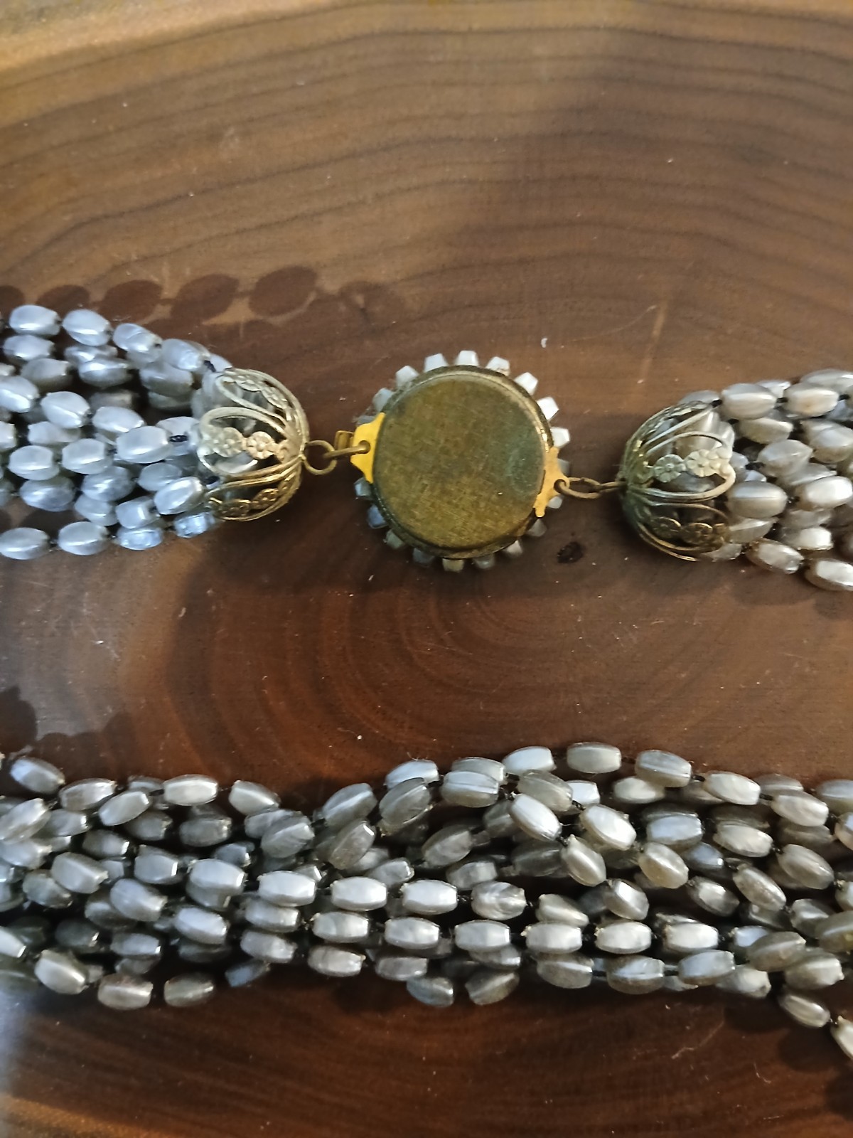 Vintage Gray Pearl Bead 12- Strand Necklace Beautiful Ends, Clasp 12″.