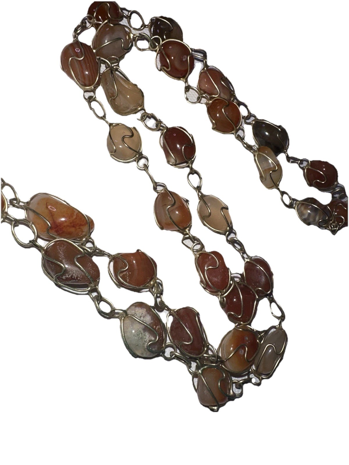 Vintage Agate Stone Necklace 30” Hand Wrapped Brass Wire Chain Boho Earthy