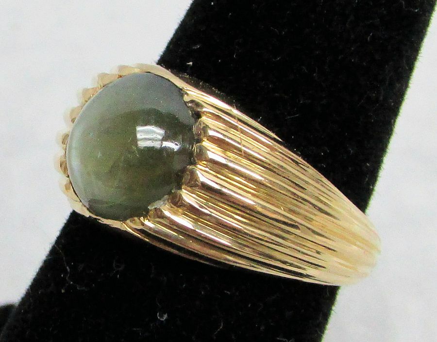 18K SOLID GOLD & 4.24ct GREEN BERYL CATS EYE STONE PINKY RING SIZE 6