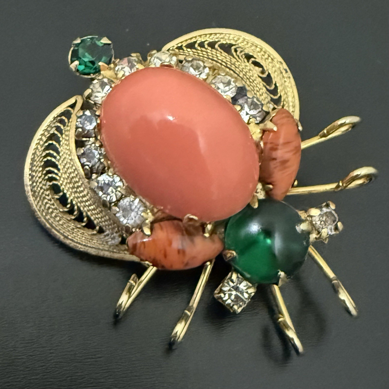 Rare Juliana Delizza & Elster Faux Coral Cabochon Rhinestones Beetle Bug Brooch