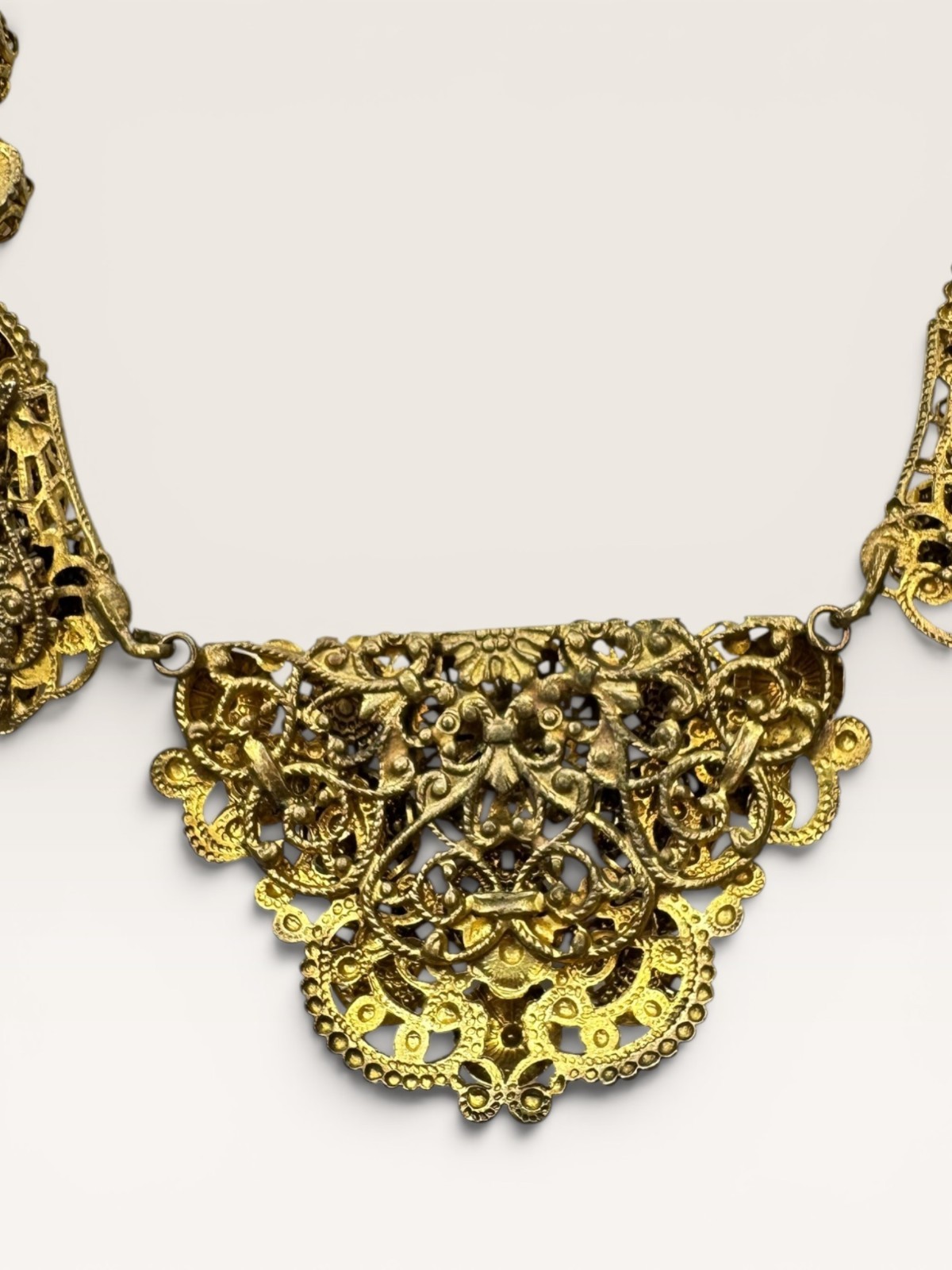 Brass Filigree Bib Festoon Necklace Coral Orange Glass Beads Art Deco