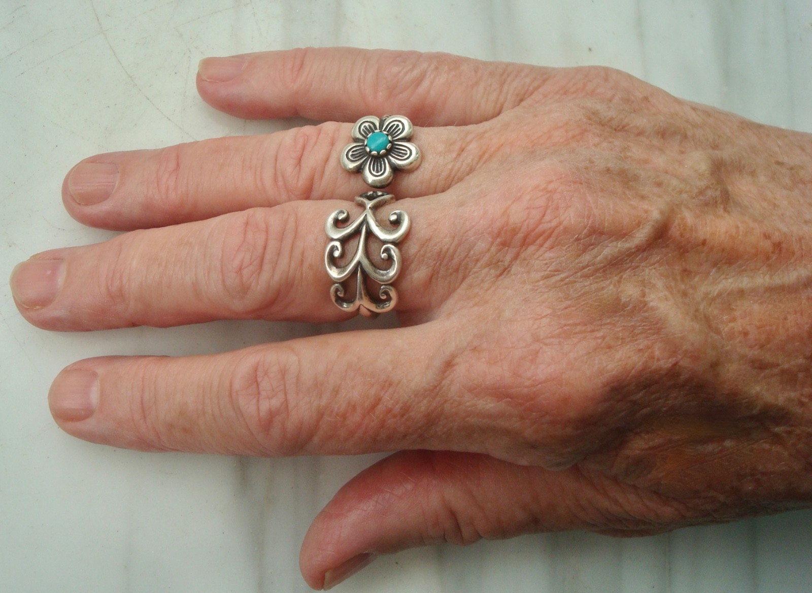Vintage CAROLYN POLLACK STERLING Silver FLOWER Turquoise DOUBLE RING Size 9/7.5
