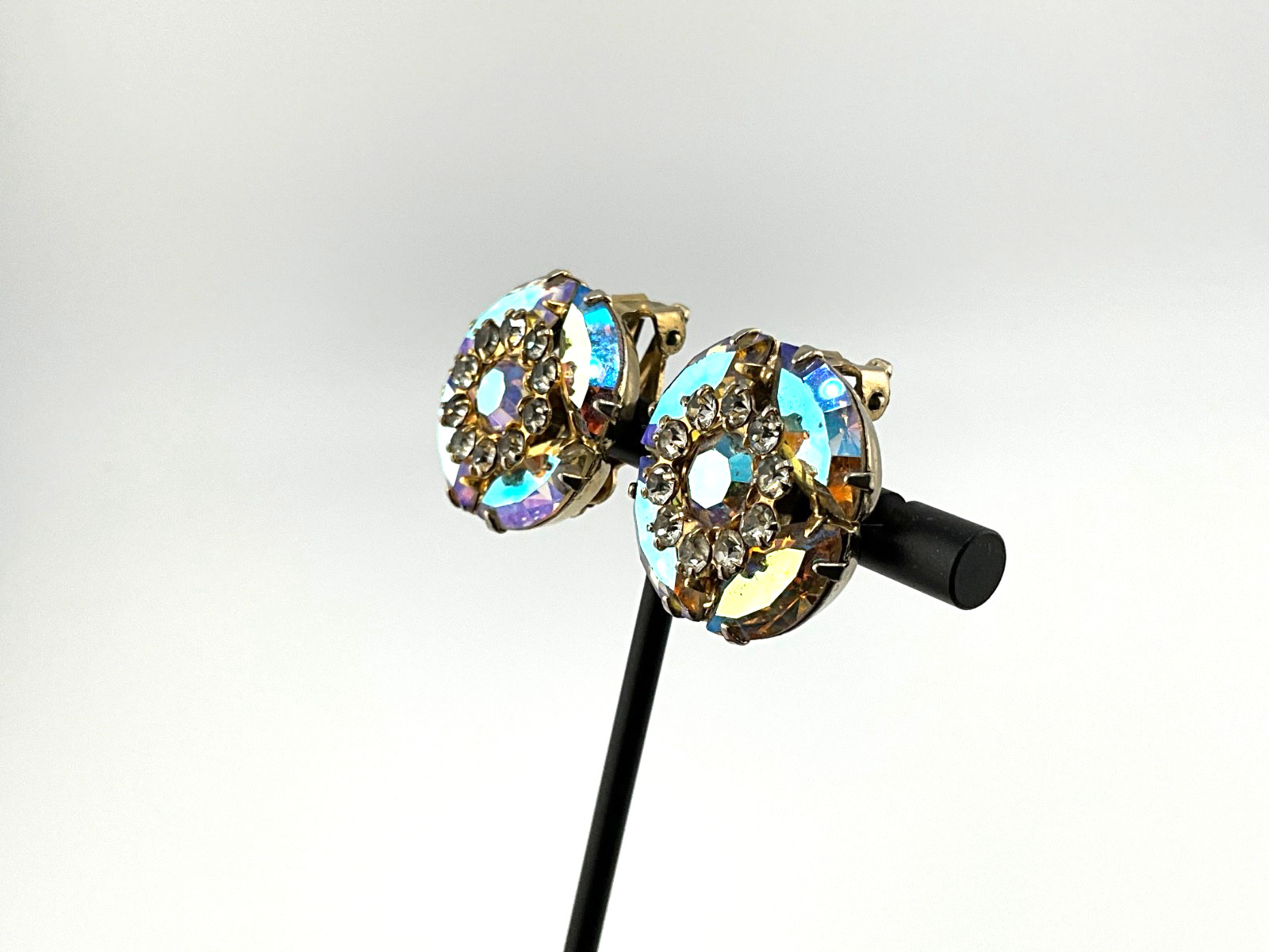 Vintage Aurora Borealis Crystal Earrings Mid Century Hollywood Regency Glam