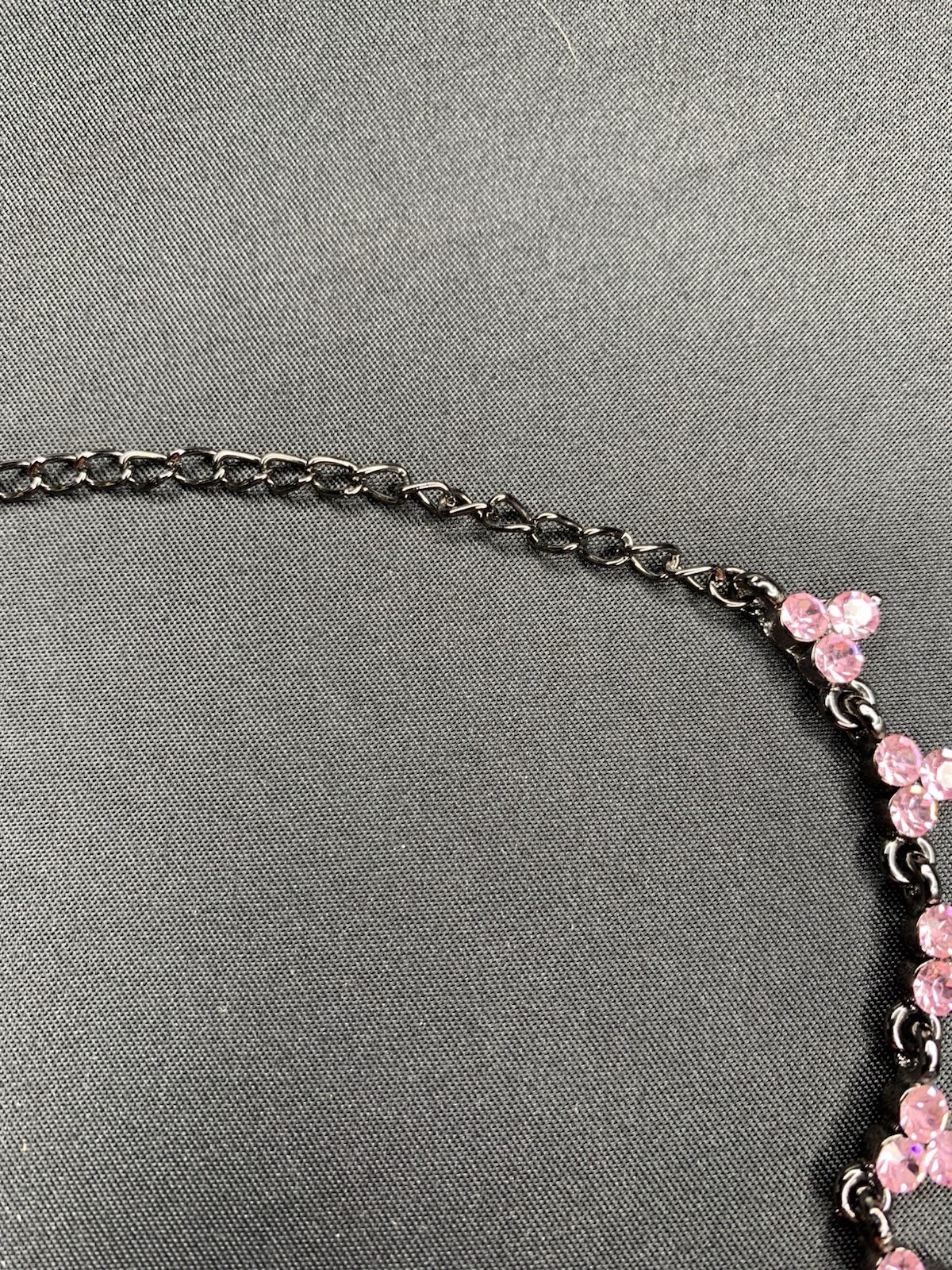 Pink Flower Shape Rhinestone Black Gun Metal Necklace 14” Choker