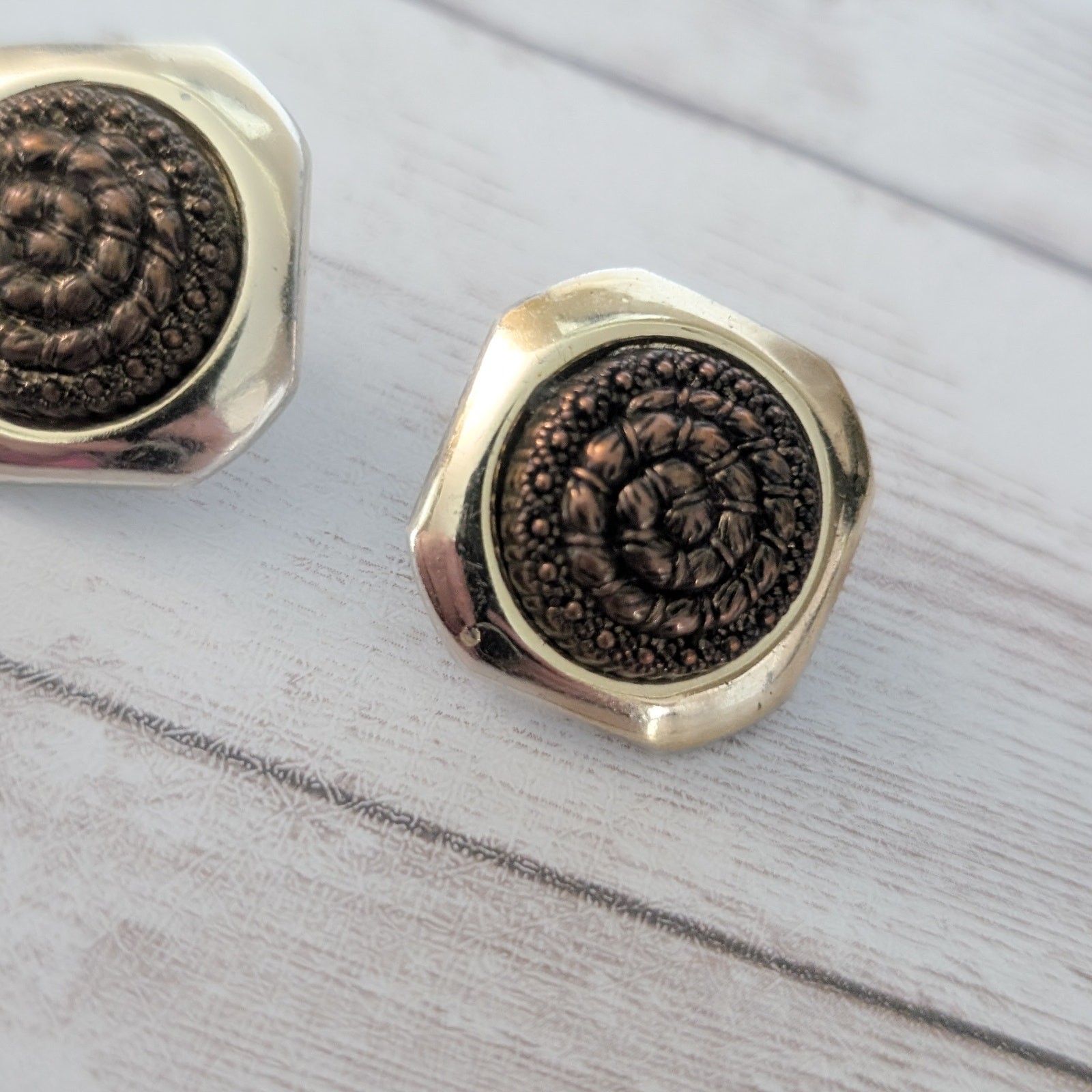 Vintage Clip On Earrings Brown Spiral Center with Gold Tone Unusual Halo