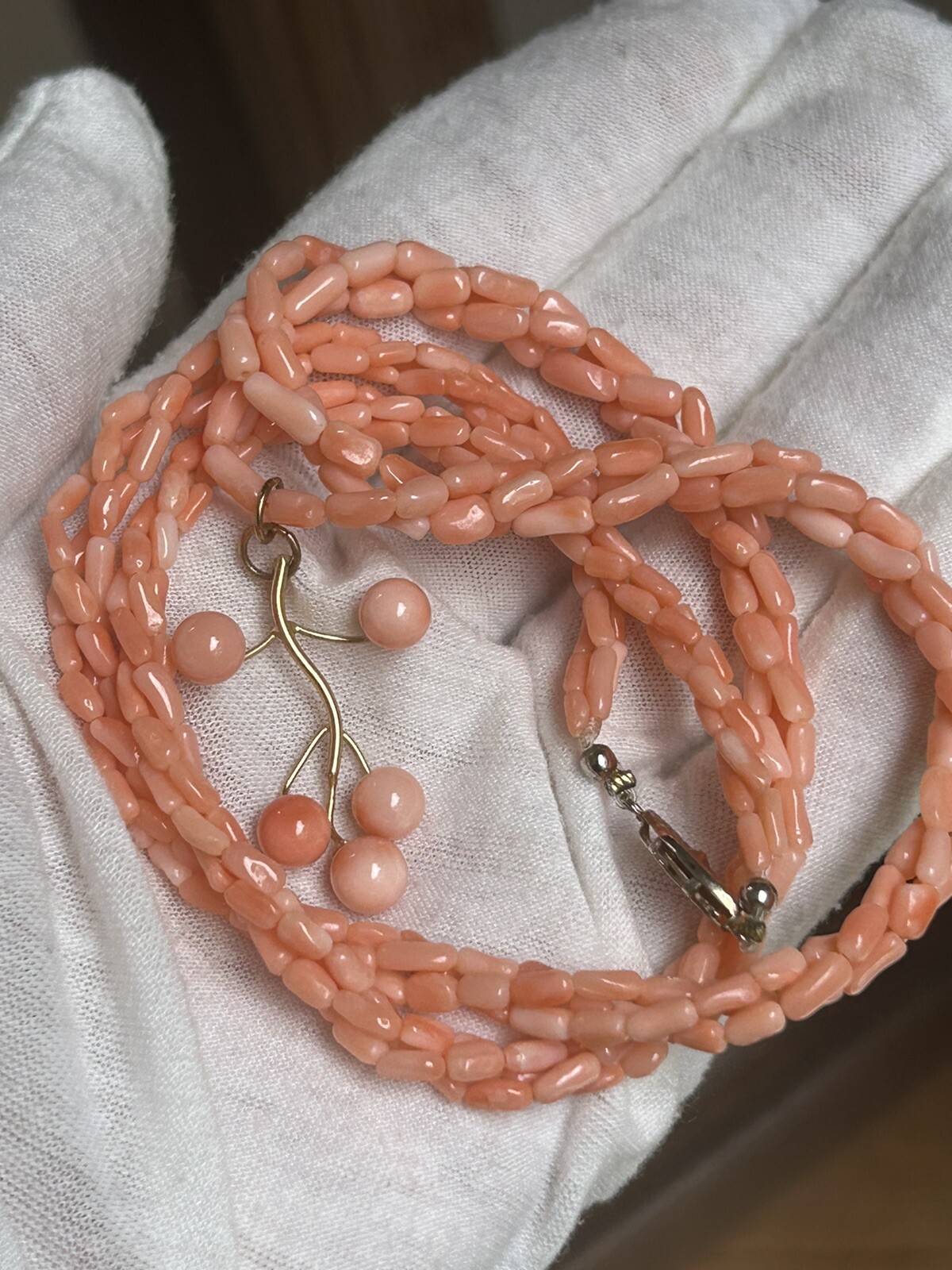 VTG Angel Skin Coral Tube Twisted Strand Necklace Pendant Genuine Pink Art Deco
