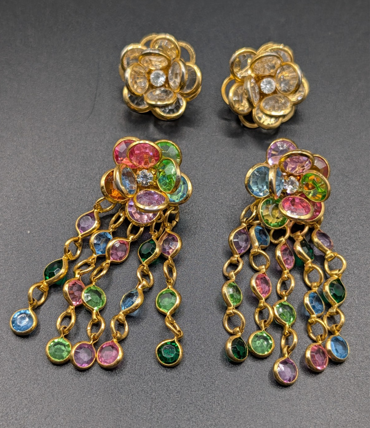 2 Pairs of Vintage Crystal Floral Cluster Gold Tone Earrings
