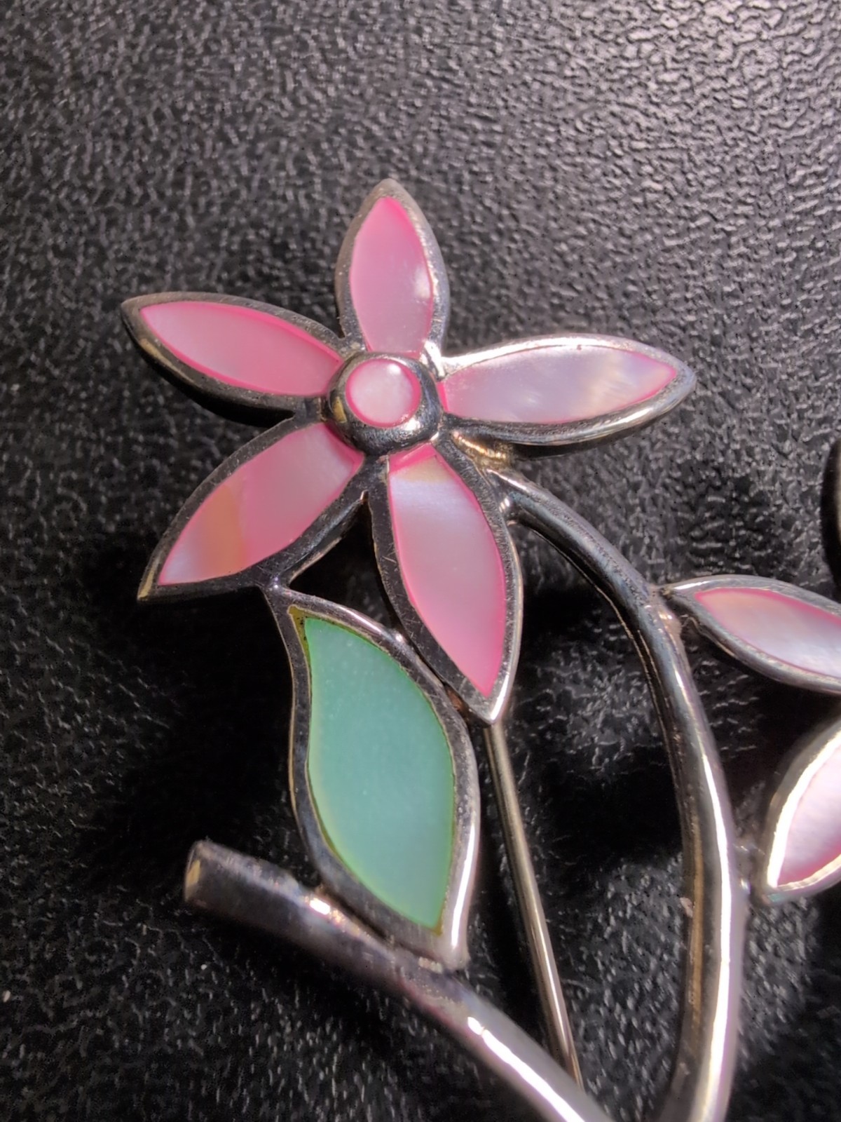 Pink and Green Flowers Sterling Pendant Brooch Spring – 2.5″ – 9.1 g – signed