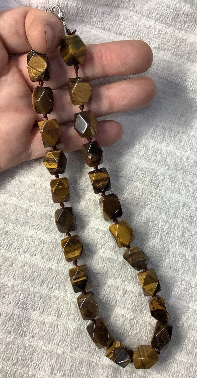 Vintage Large Chunky Beaded Faceted Polished Tiger Eye Gemstone Necklace 18”