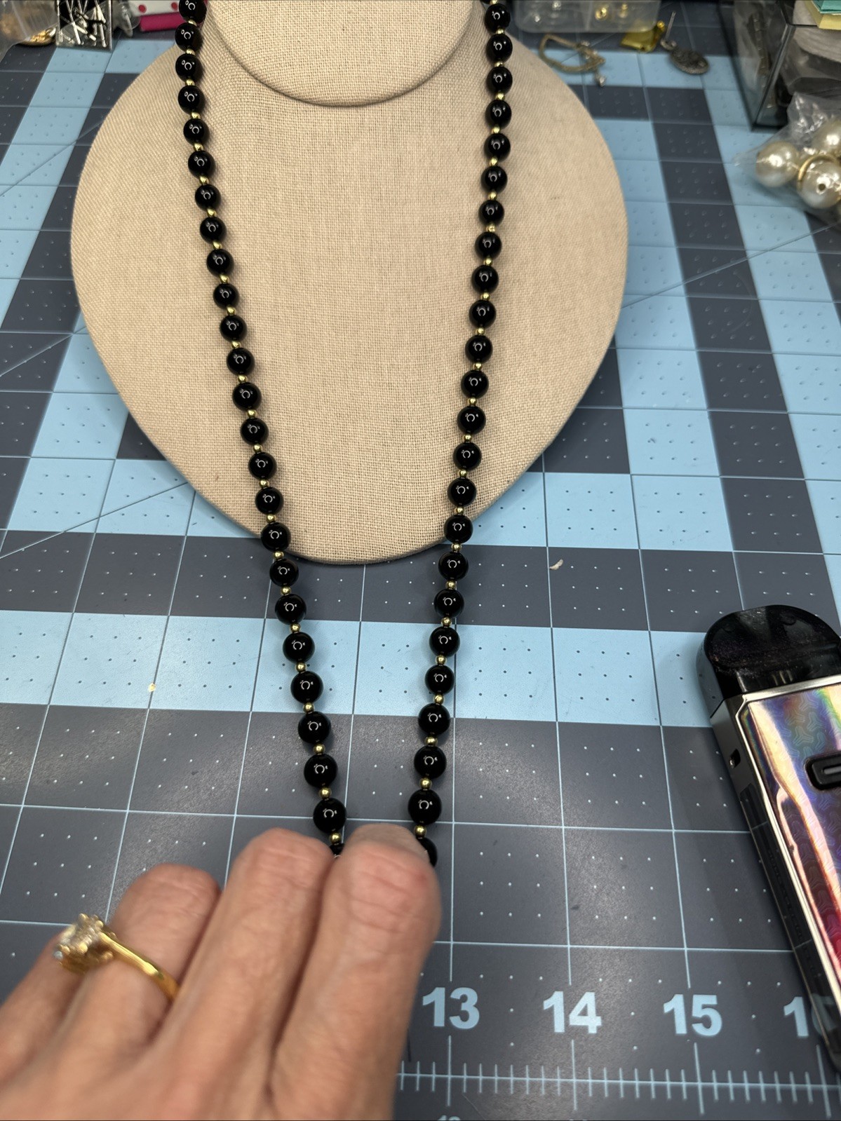 VINTAGE 1990’S 14K GOLD FILLED 8.4MM BLACK ONYX BEADS 26” NECKLACE Pullover J103