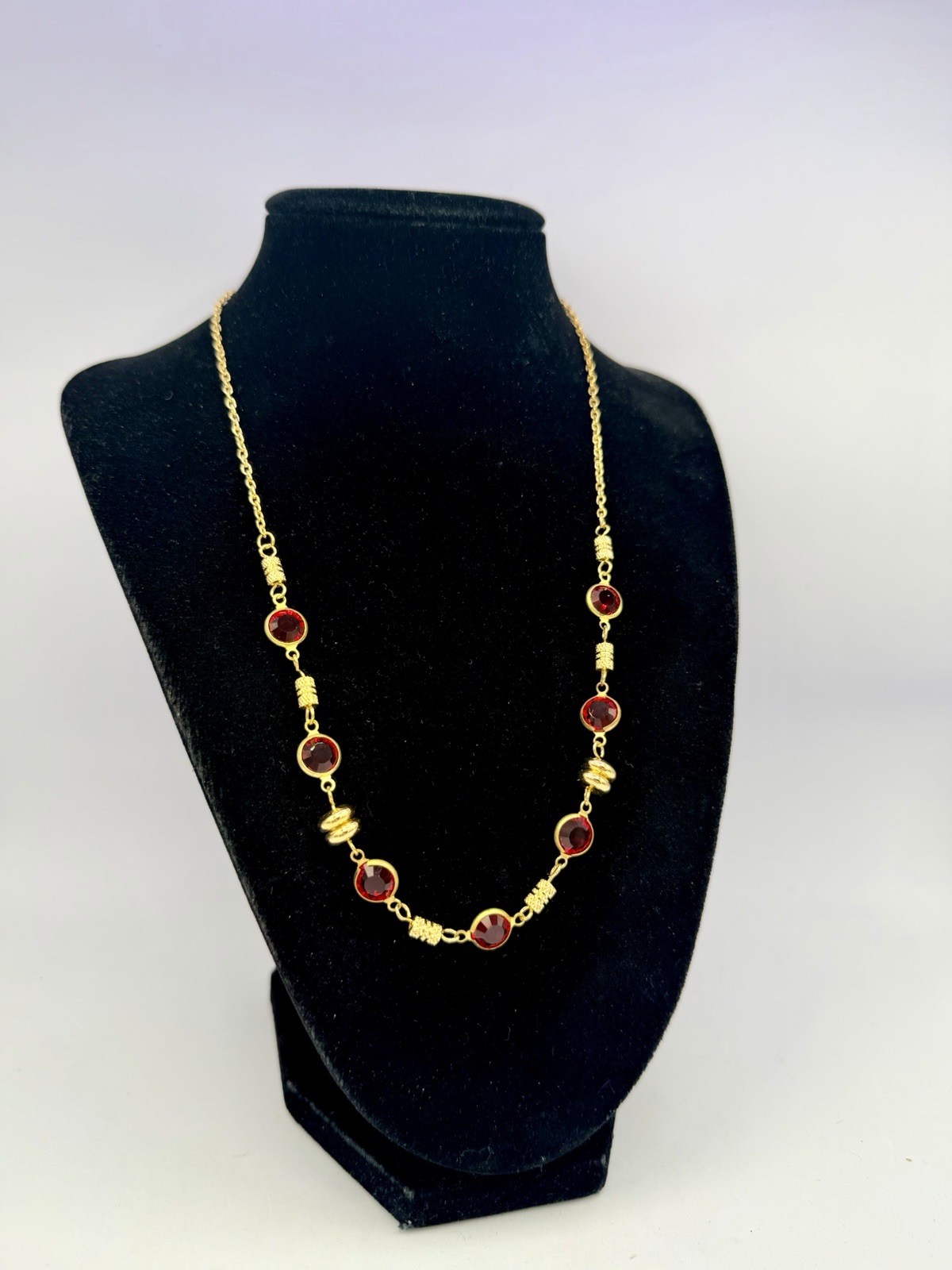 1 Pc Vintage Gold NOS Made With Red Swarovski Crystal Chain Necklaces 18” KR