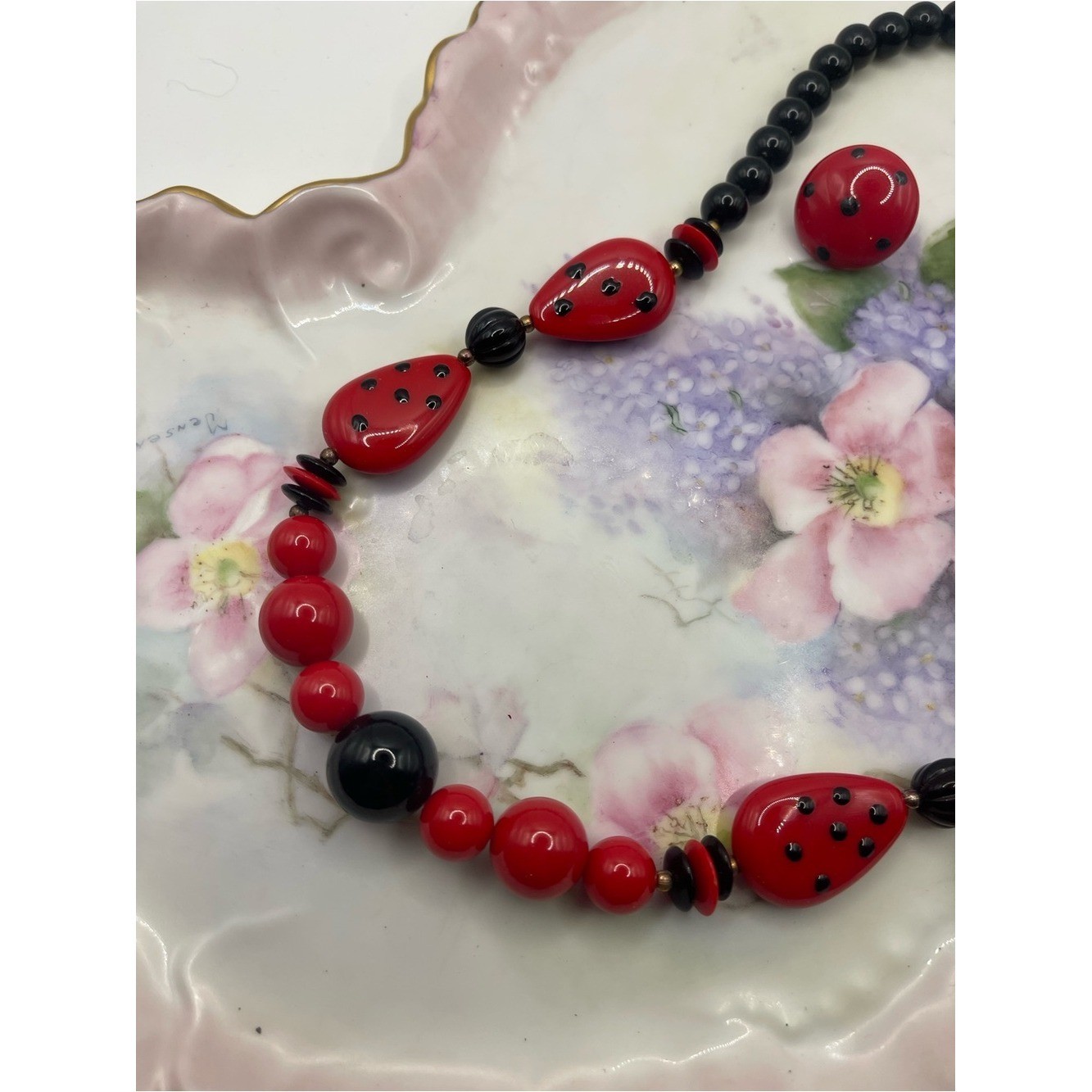 Vintage Red and Black Beaded Statement Necklace and Earrings Set