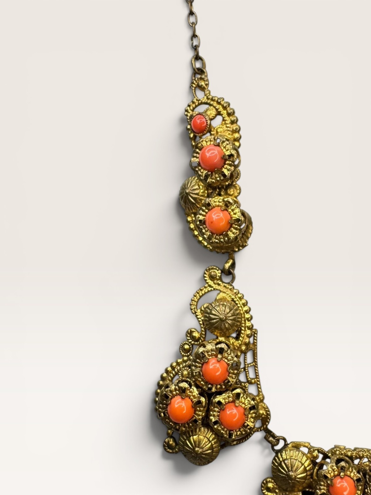 Brass Filigree Bib Festoon Necklace Coral Orange Glass Beads Art Deco