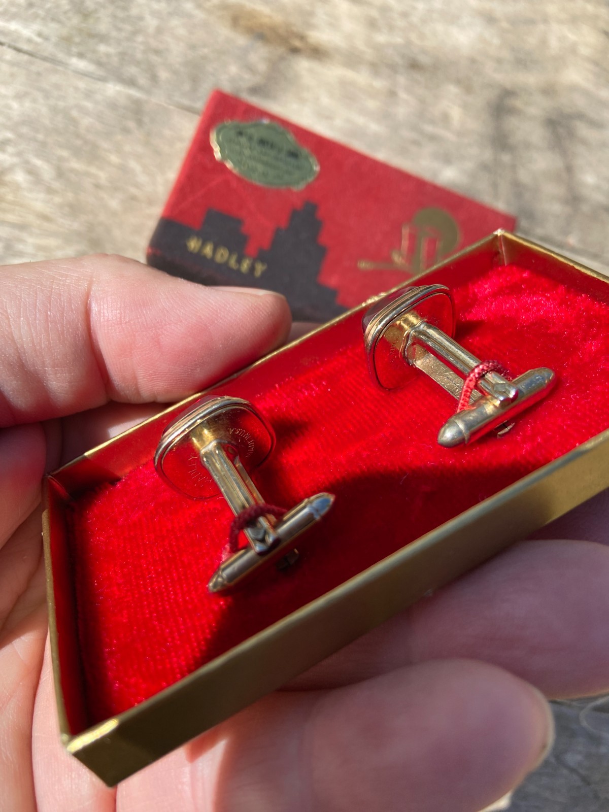 Vintage HADLEY Simulated Red Gemstone Cufflinks Original Box & Jeweler’s Label