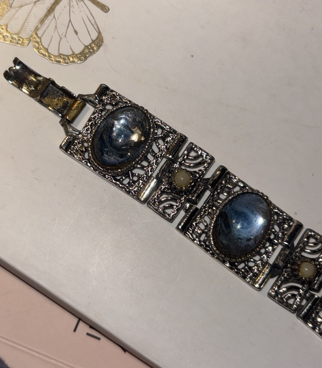 Vintage Silver Tone Blue Oval Cabochon Bracelet & Clip-On Earrings Jewelry Set