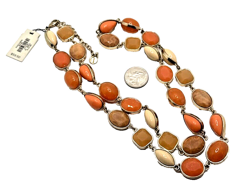 NWT TALBOTS Statement Necklace Peach Orange Tan Gold Tone Links 36-38″ Long NOS