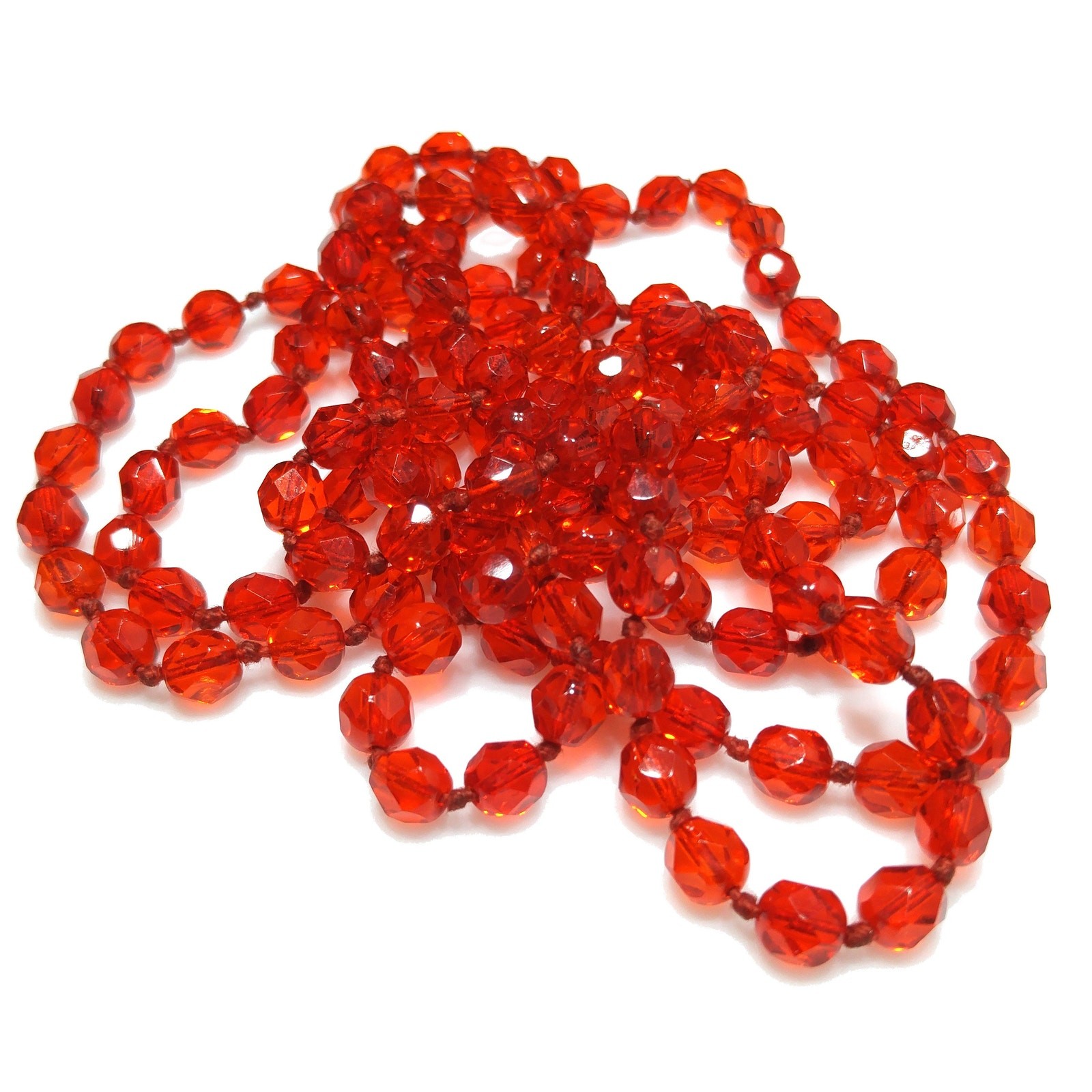 Vintage Red Crystal Hand Knotted Long Necklace, 62 Inches, No Clasp, Vintage