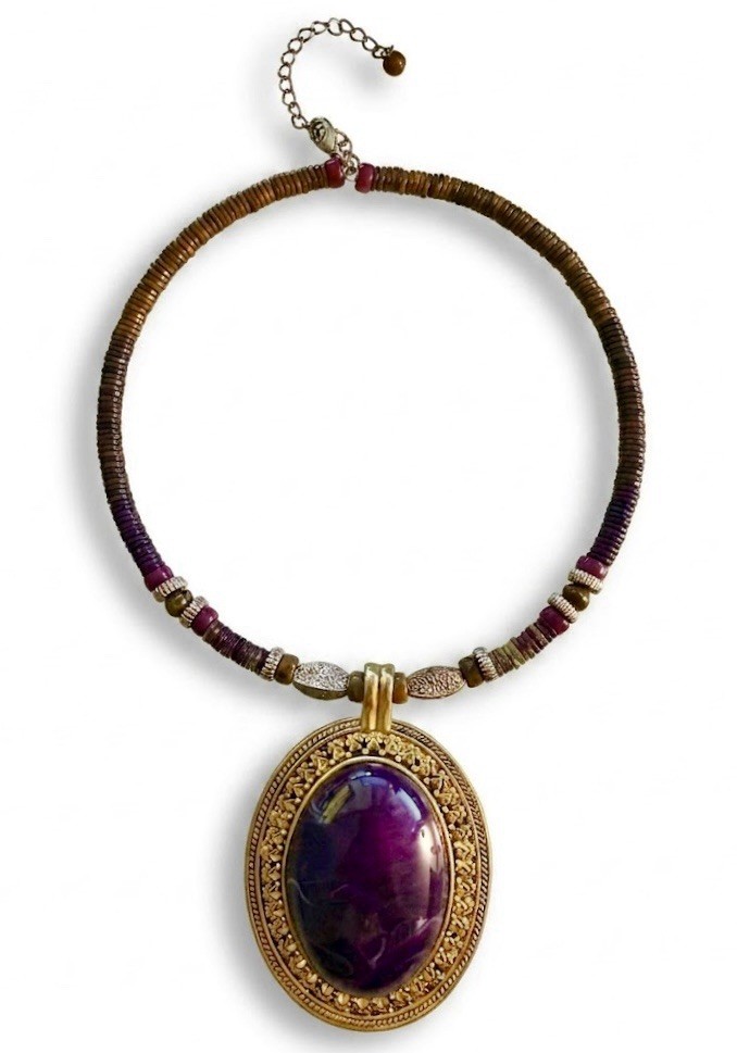 Vintage Purple Beaded Necklace With Oval Faux-Charoite Charm Pendant