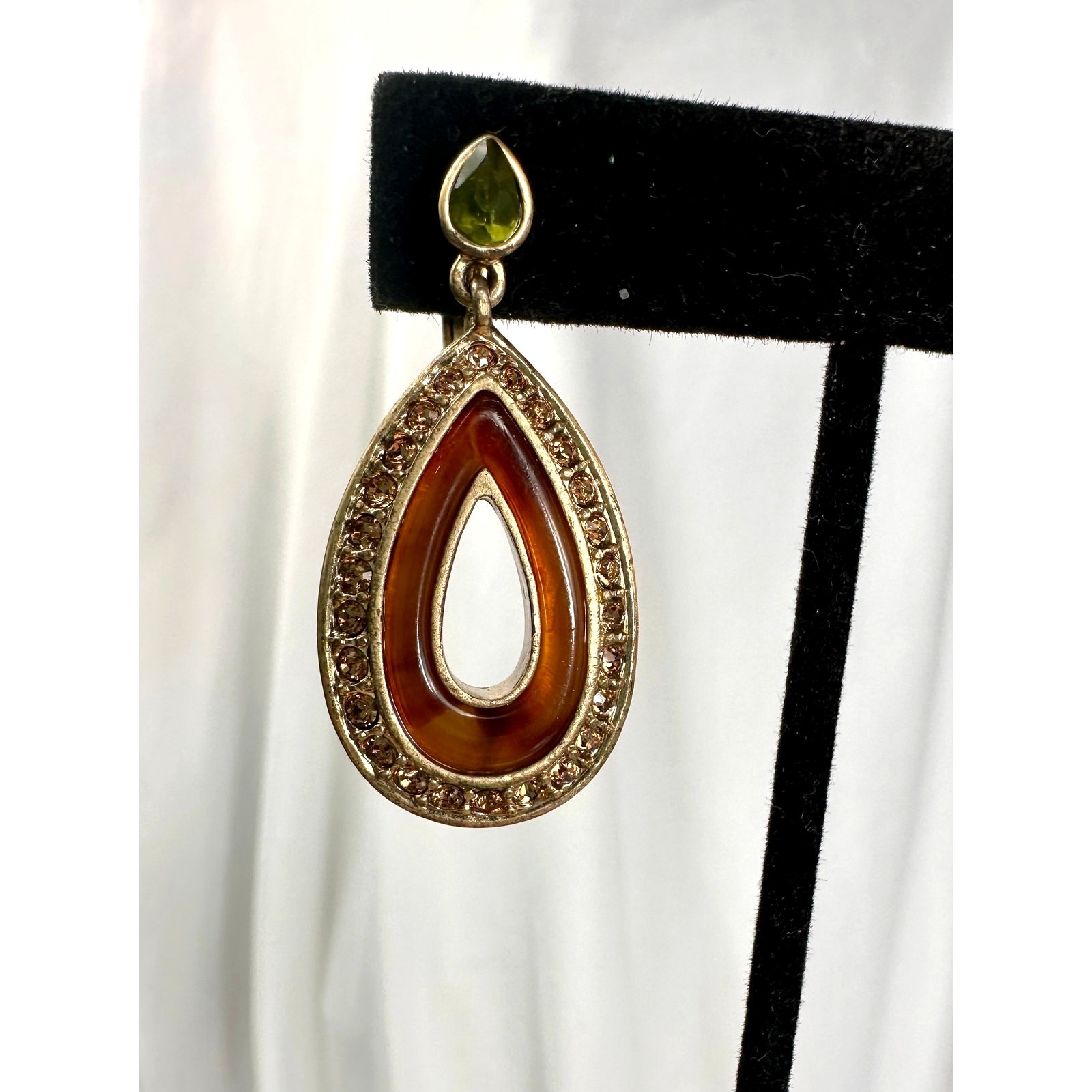 Vintage Liz Claiborne Teardrop Dangle Earrings Amber Resin Rhinestone Gold Tone