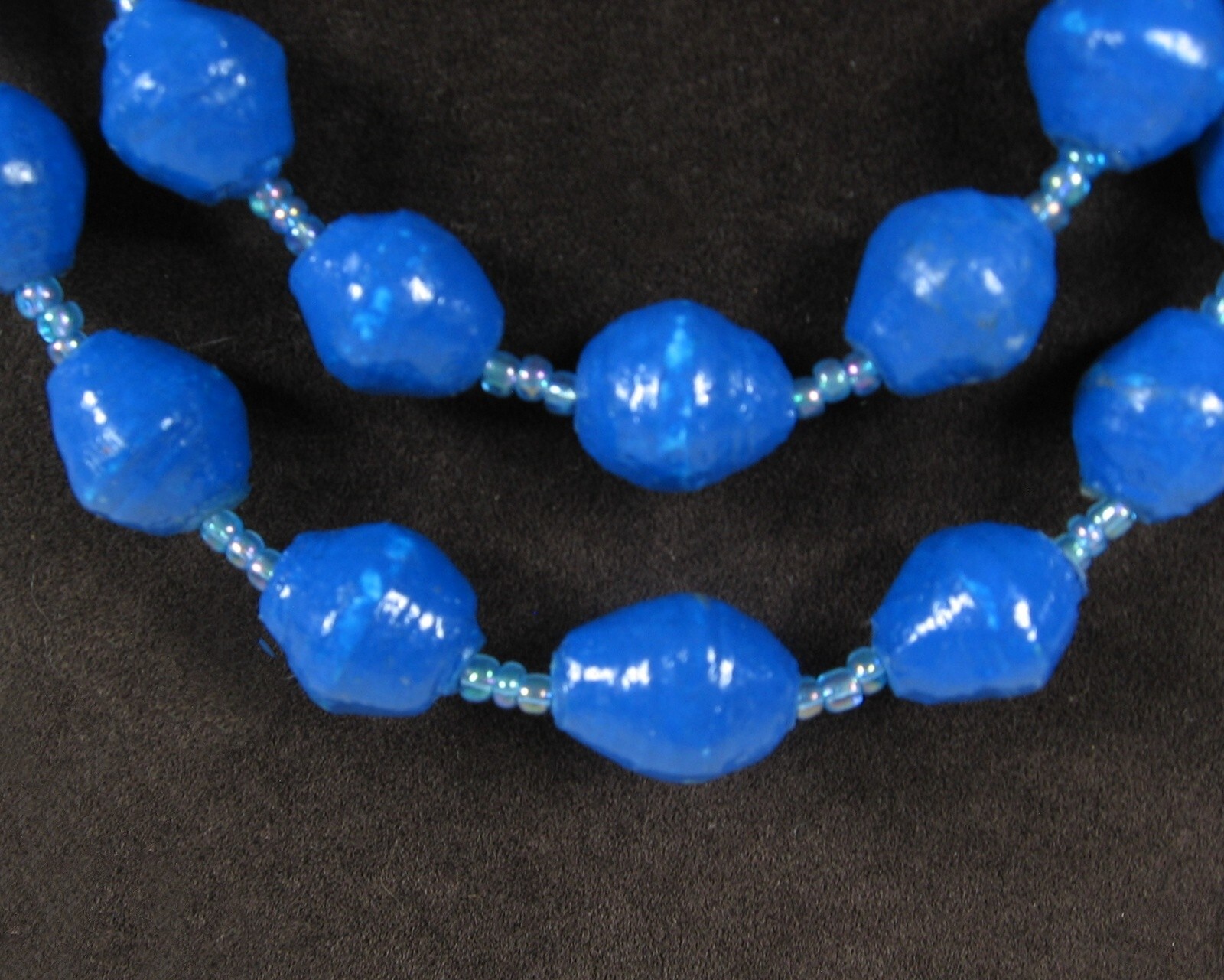 ODD BRIGHT BLUE BEADS Vintage Handcrafted Coated Bicone Beaded Necklace 44″