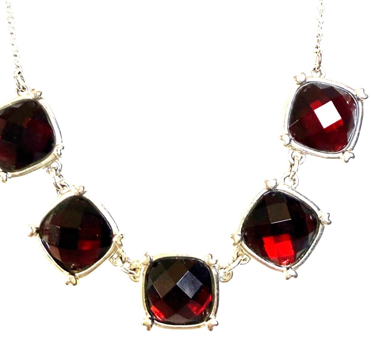 Vintage? Red Gemstone Silver Necklace With Square Faceted Stones