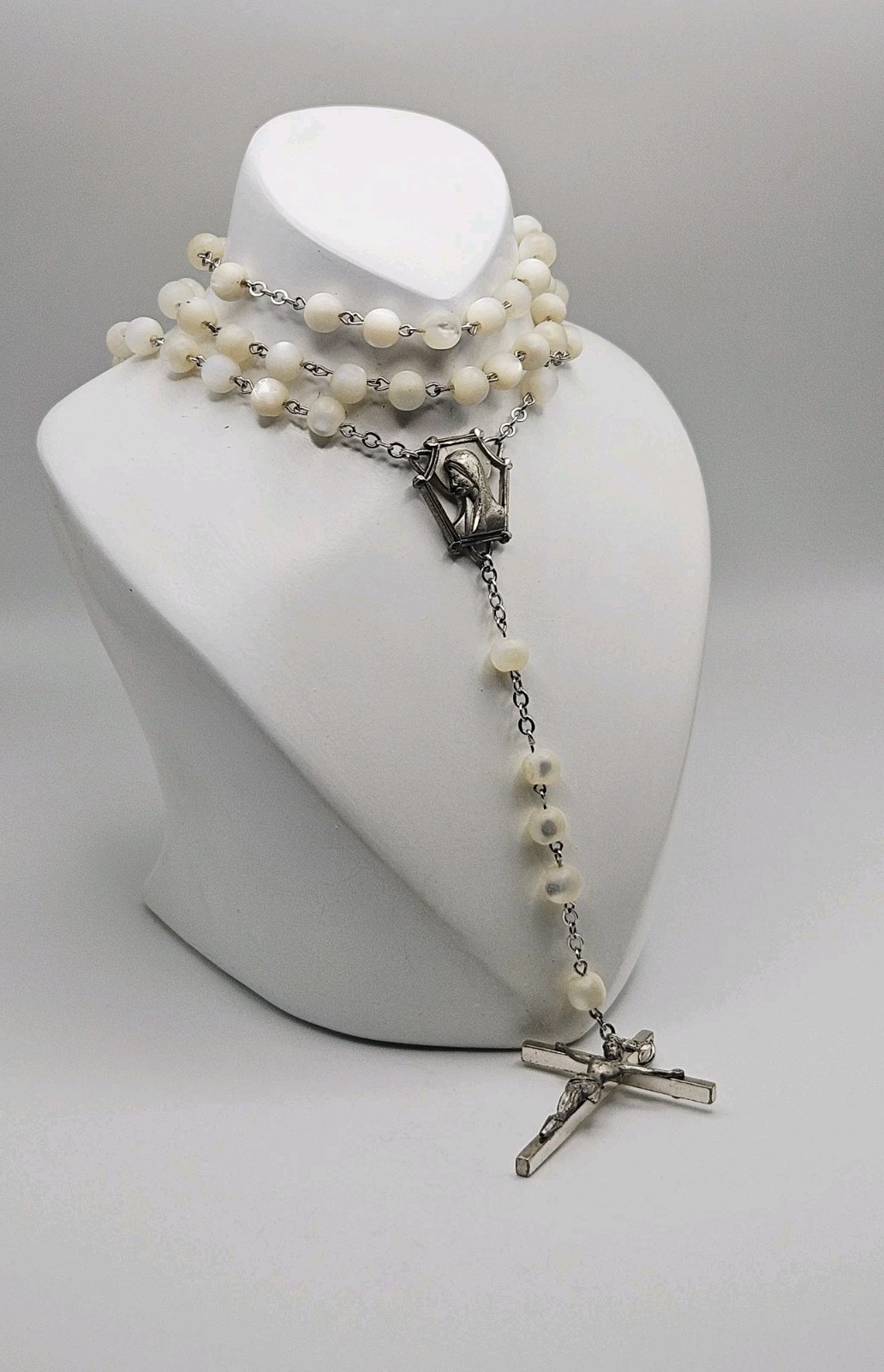 Gale Sterling Silver Mother Of Pearl Beaded Rosary Lariat Necklace 27″