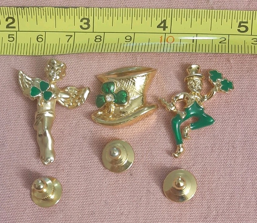 LOT of 3 Avon St Patrick’s Day Lapel Pin Angel Shamrock, Leprechaun, Top Hat