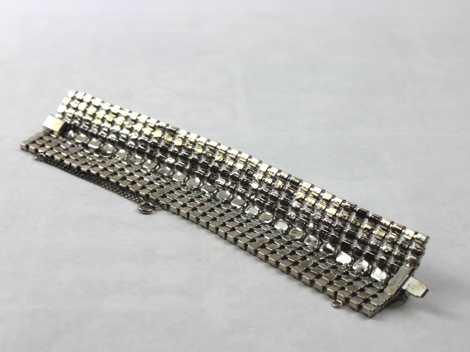 Rhinestone Bracelet Cuff Nine Row Emerald and Round Cut Rhodium Plate