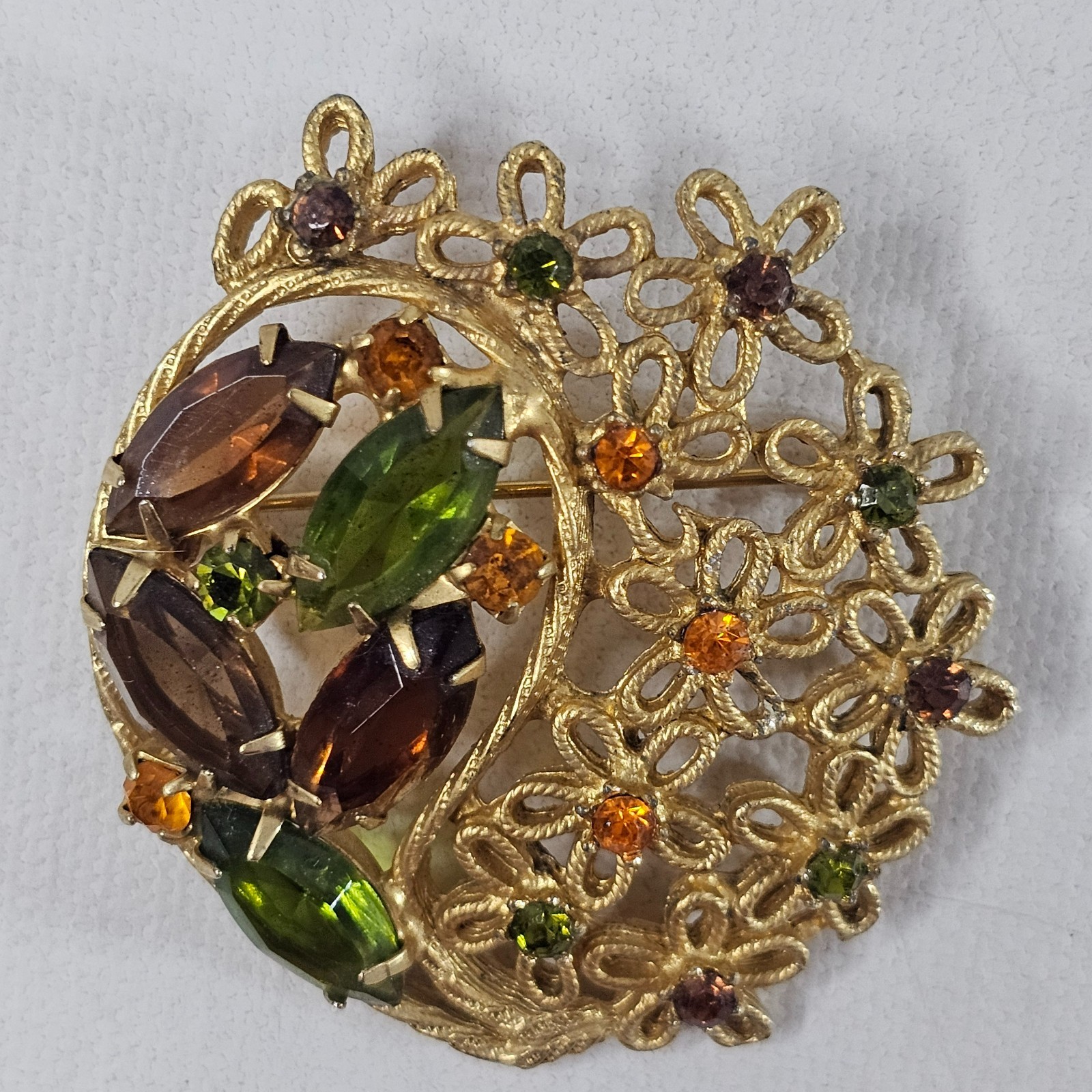 Gold Tone Floral Brooch Fall Colors Open Work Navette Rhinestone Unmarked Pin