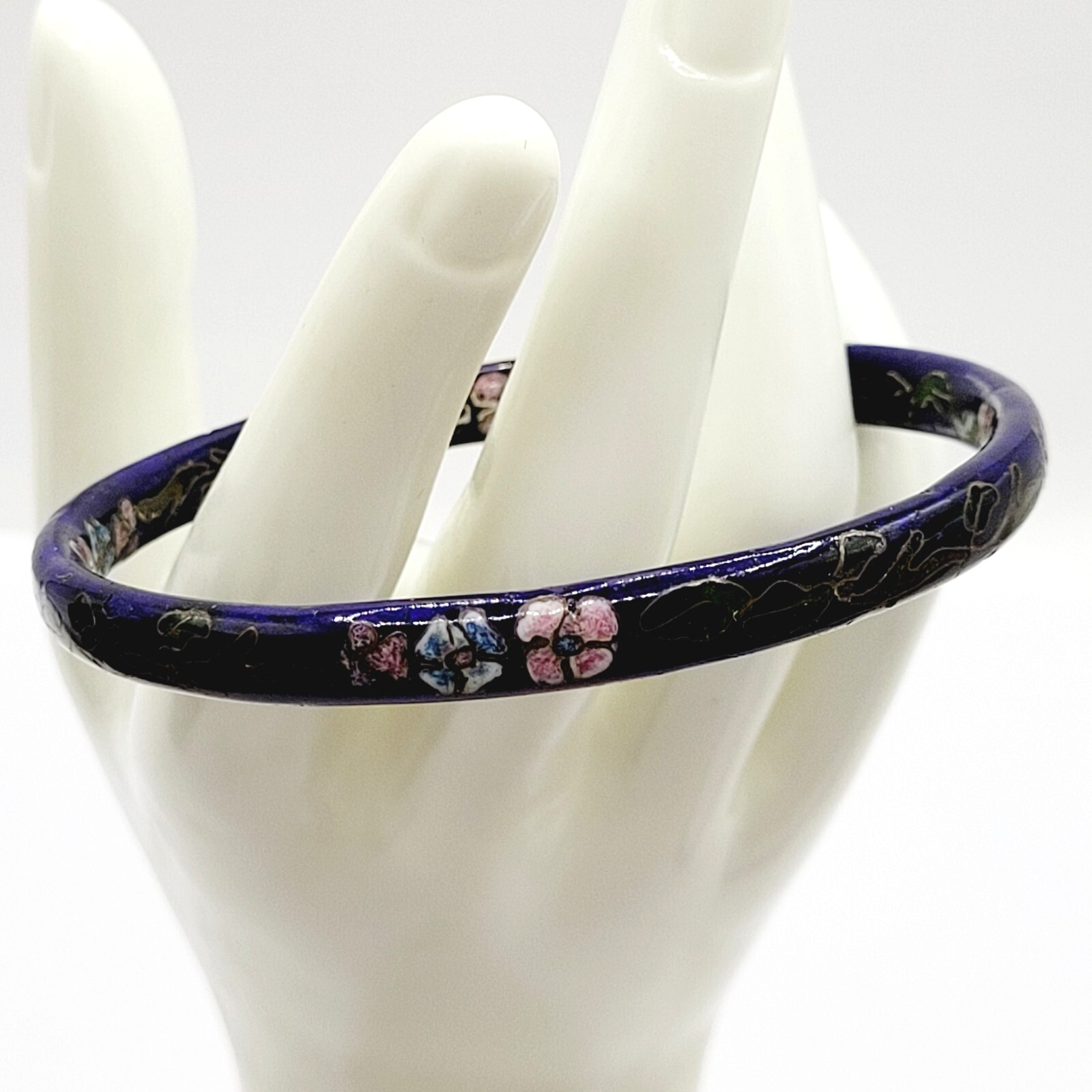 Cloisonné Asian Inspired Dark Cobalt Blue Floral Hand Painted Bangle Bracelet