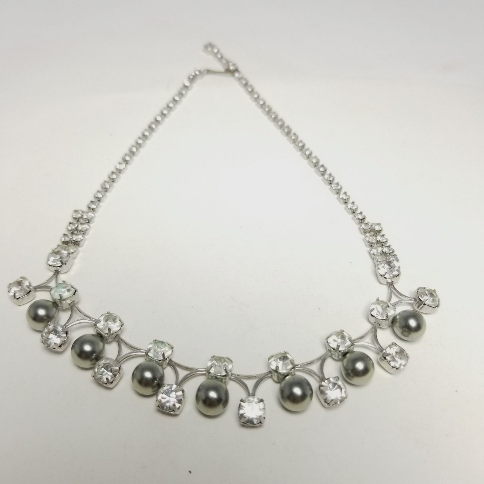 Vintage Silver Tone Rhinestone and Faux Gray Pearl Collar Necklace, Adjustable
