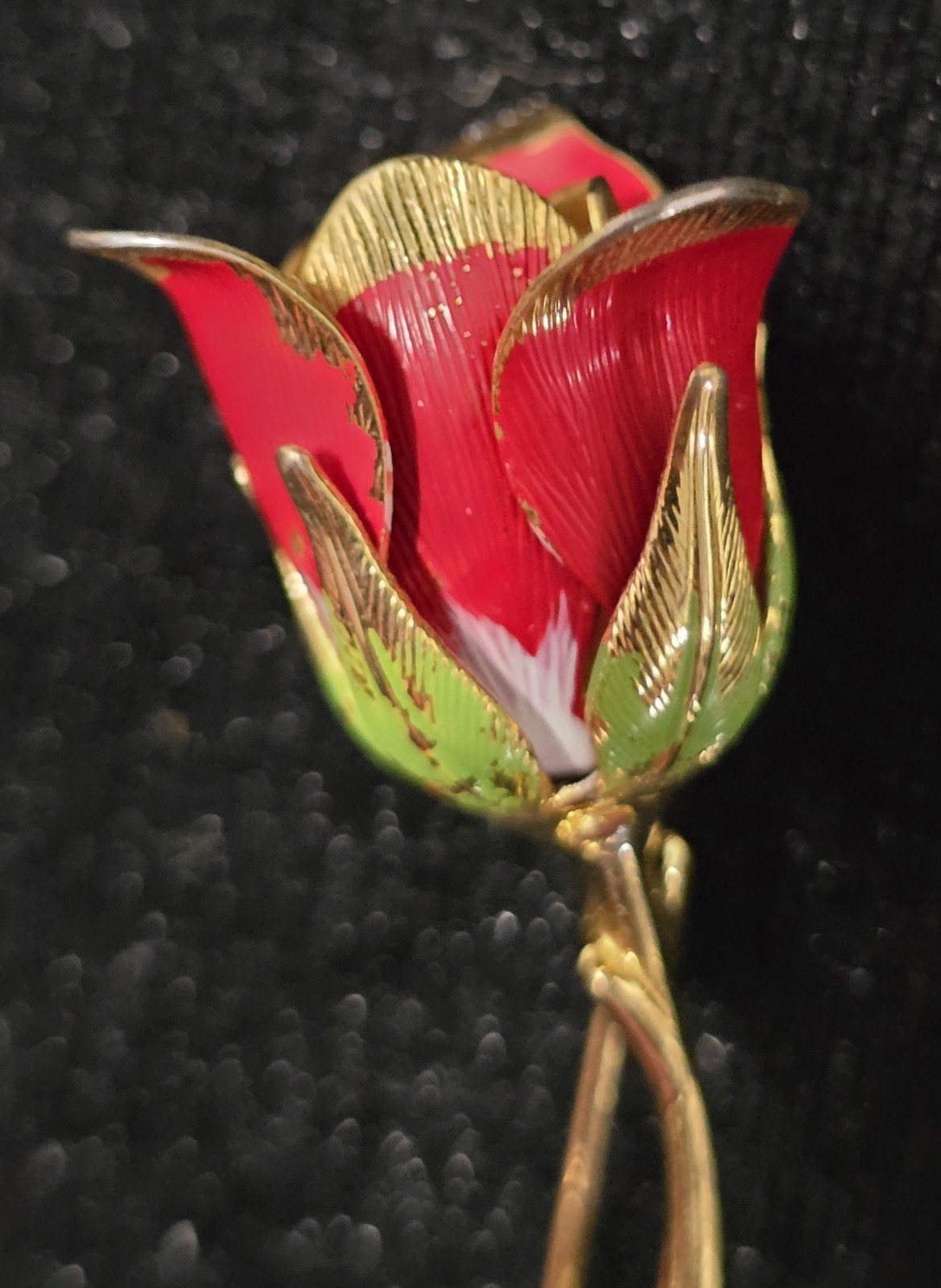 Vintage Rose Pin / Brooch Gold Red & Green Enamel