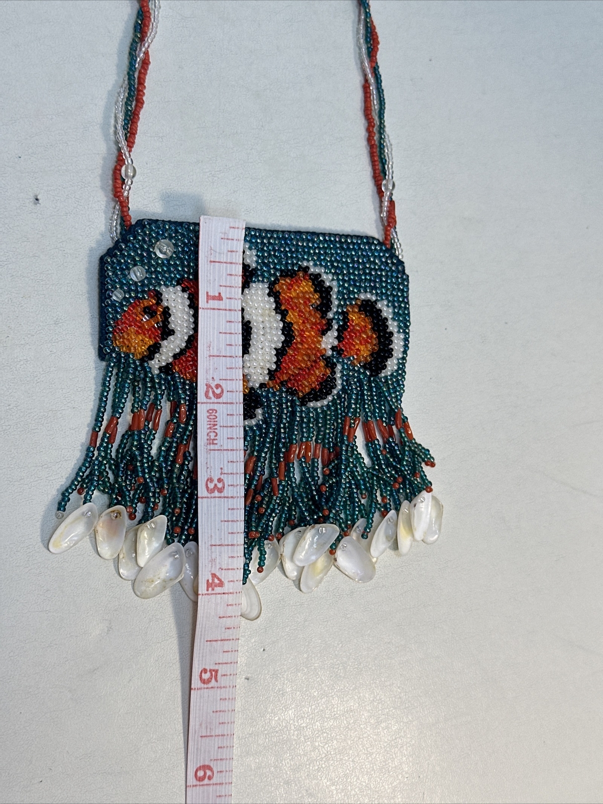 Vintage Handmade Orange Fish Sead Bead Southwestern Necklace With Fringe-Shells
