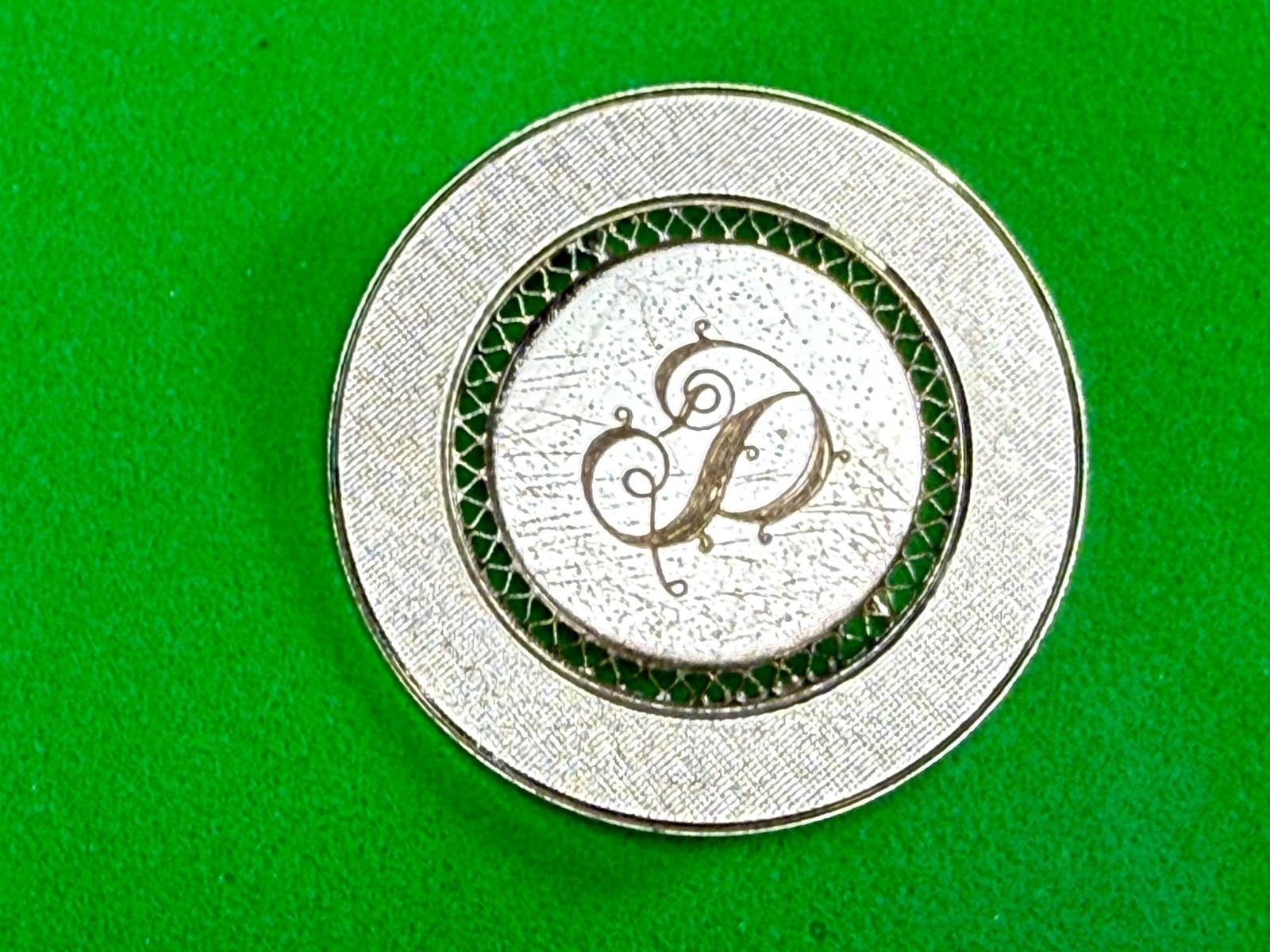 Initial Letter P ? Calligraphy On Vintage Sterling Silver Round Disc Brooch