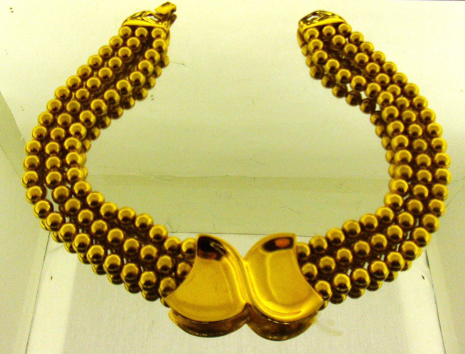 Vintage Tri Strand Beaded Napier Wide Gold Tone Statement Runway Necklace 16″
